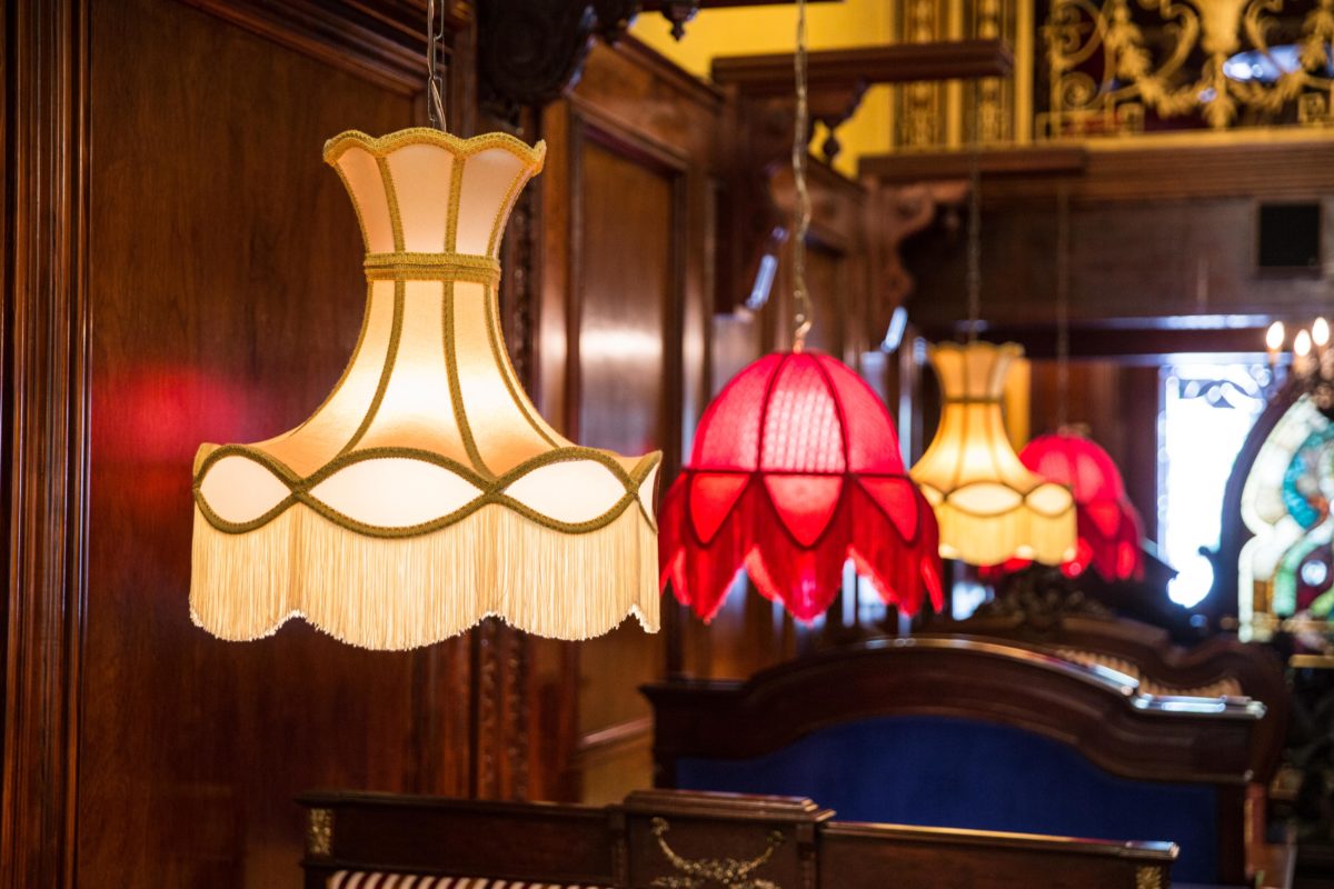 lamps hanging over booths