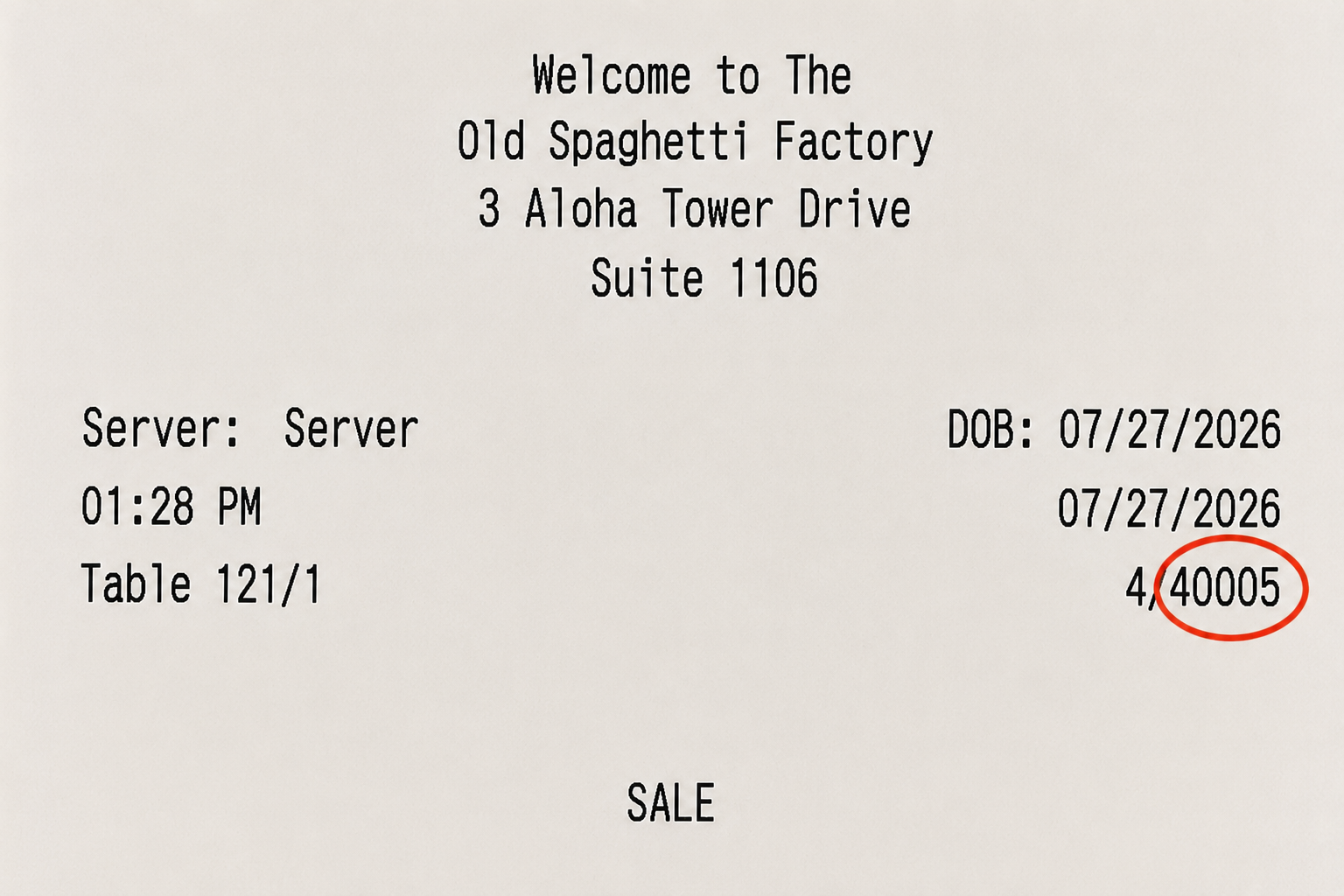 Example guest receipt with the check number circled in red
