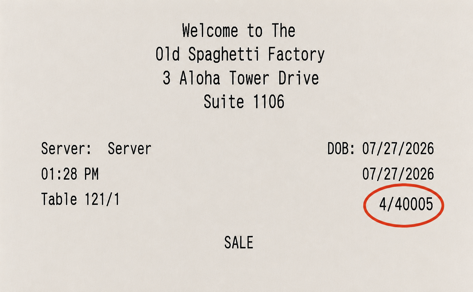 Example guest receipt with the check number circled in red